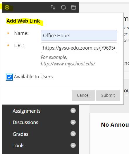 Click circles with the Plus in the upper let corner of Bb at add a new web link